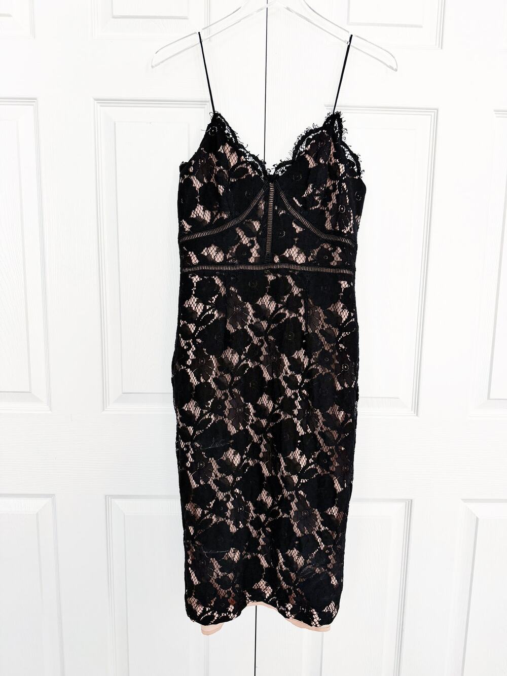 Jarlo London Black Floral Lace Nude Illusion Midi Dress Romantic Cocktail Party